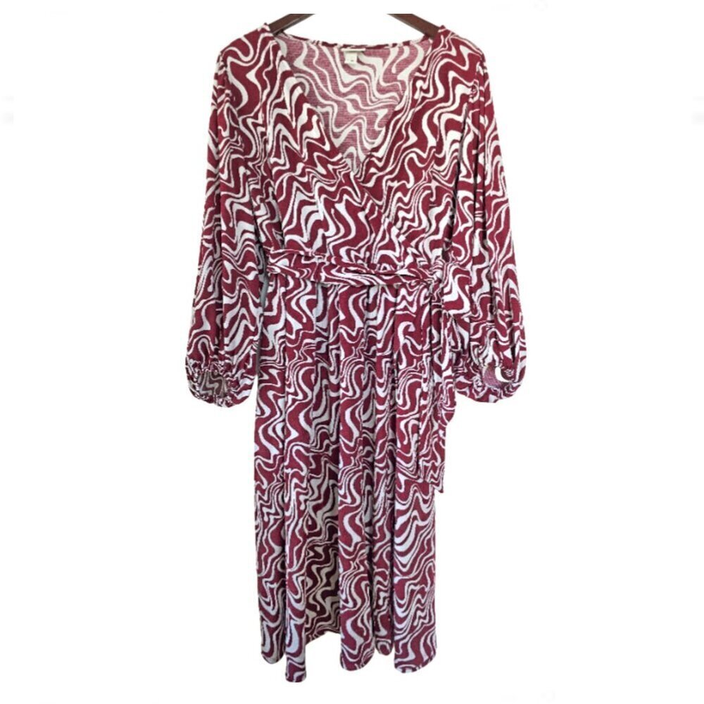 Ava & Viv Women's Plus Size 0X Faux Wrap Dress  Cranberry Swirl Long Sleeve Midi - Picture 2 of 6